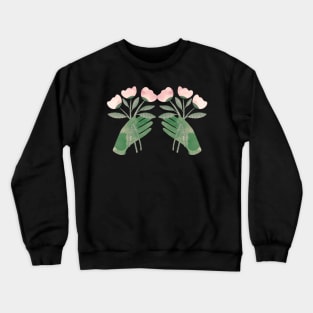 Green hands with powder pink flowers for you on black Crewneck Sweatshirt